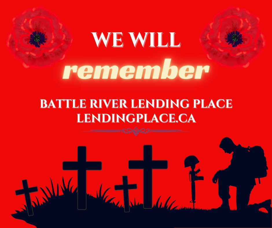 poppy in the top left and a poppy in the top right corner, in the center the words "we will remember" at the bottom is a silhouette image of 4 crosses and a solder on one knee, head bowed, gun driven in the ground barrel first with his helmet on top of the stock